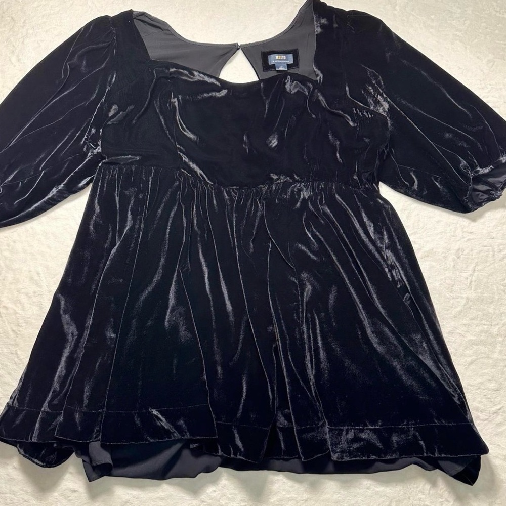 Maeve Anthropologie Black Velvet Dress with Puff Sleeves